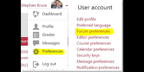 Screenshot showing how to update Moodle email preferences