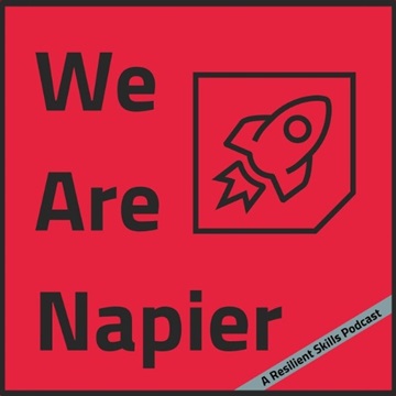 'We Are Napier' podcast graphic, with red background and an icon of a space rocket