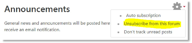 Screenshot showing how to unsubscribe from a Moodle forum. 