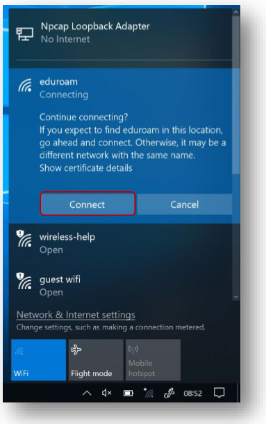 Connecting to Wi-Fi on Windows screenshot