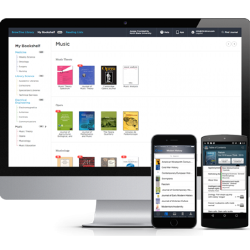 BrowZine shown on a desktop and two mobile phones