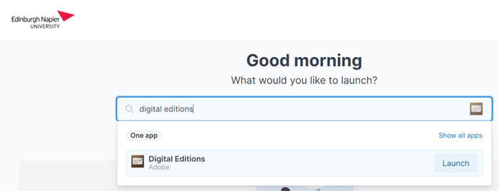 Screenshot of Apps Anywhere showing how to launch Digital Editions