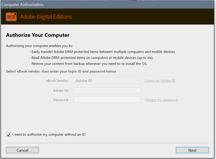 Screenshot of Digital Editions showing the Authorize Your Computer box