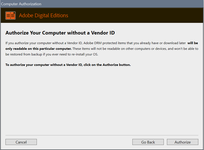 Screenshot of Digital Editions showing the Authorize Your Computer box
