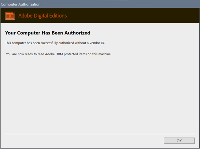 Screenshot of Digital Editions showing the Authorize Your Computer box