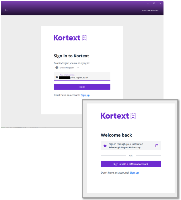 Image showing Kortext sign in through your institution