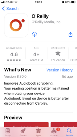 Phone screenshot of O'Reilly app in App Store