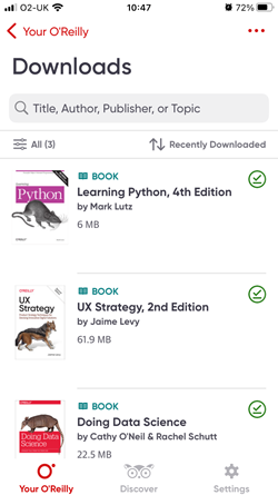 Phone screenshot of O'Reilly app showing downloaded books