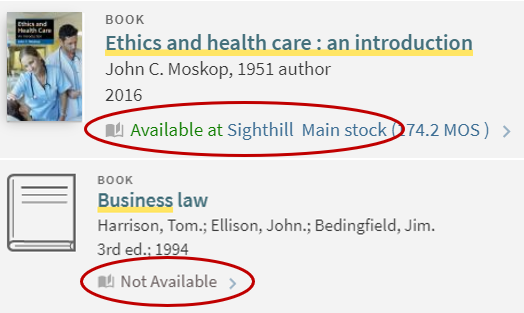 Screenshot of LibrarySearch showing books Available or Not Available