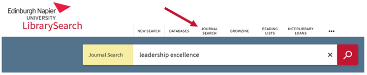 Screenshot of LibrarySearch showing how to click on JournalSearch and enter the title of a journal