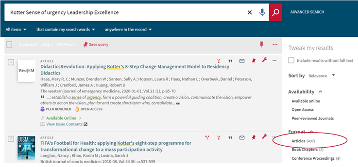 Screenshot of LibrarySearch, showing how to click Format and Article at the right hand side to limit results to show only articles