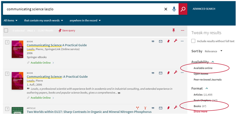 LibrarySearch front page showing filters at right hand side to select Available Online and Book.
