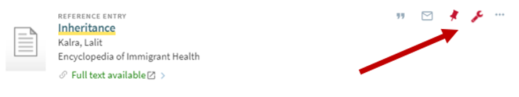 Image of an entry on LibrarySearch with a red arrow pointing to the wrench icon