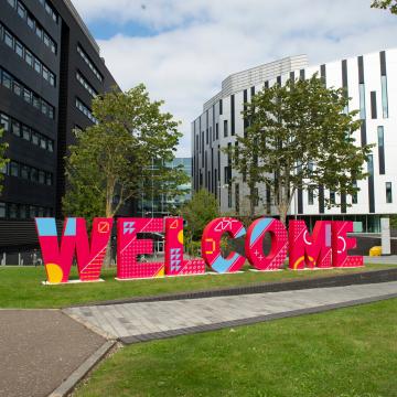 Large Welcome letters pictured at Sighthill Campus