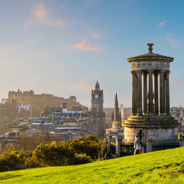 A view over Edinburgh's skyline from Calton Hill, with Princes Street and Edinburgh Castle in the background