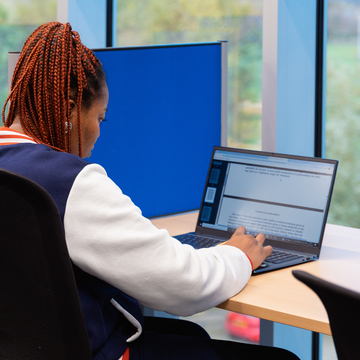 Student sitting next to a bright window in a study booth, working on a laptop