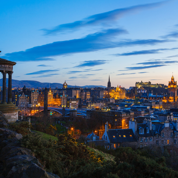 View over Edinburgh from Calton Hill in the sunset
