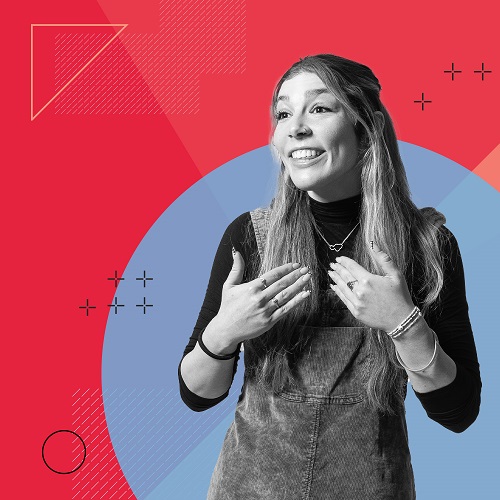 Red and blue graphic featuring a student smiling and pointing her hands towards herself