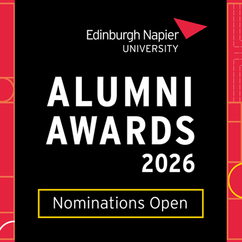 Red and black graphic announcing nominations are now open for the 2026 Edinburgh Napier Alumni Awards