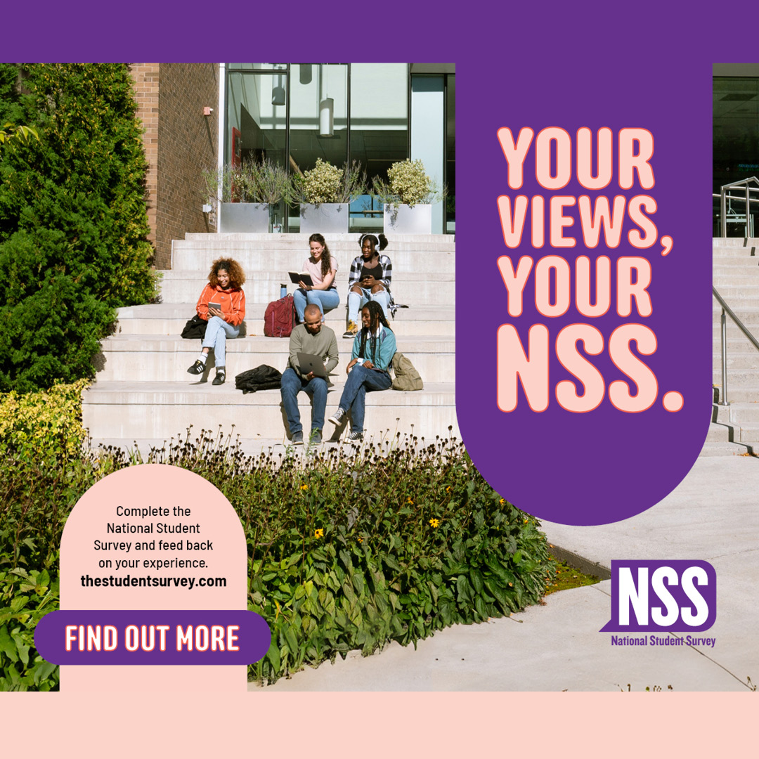 Graphic for the National Student Survey, with students sitting on campus steps. The text reads 'Your views, your NSS'