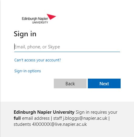 Edinburgh Napier University Office 365 Off Campus login screen