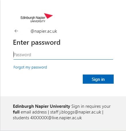 Edinburgh Napier University Office 365 password screen