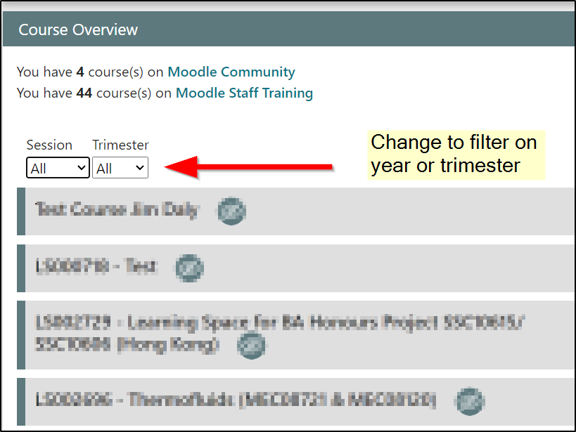 Screenshot of Moodle homepage with arrow pointing to "Session" and "Trimester" drop-down filters. 