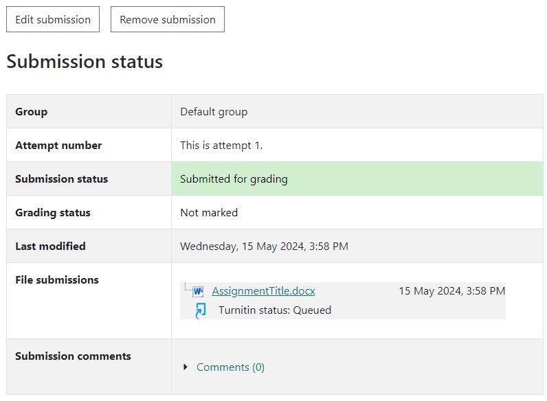 Screenshot showing the Submission status page