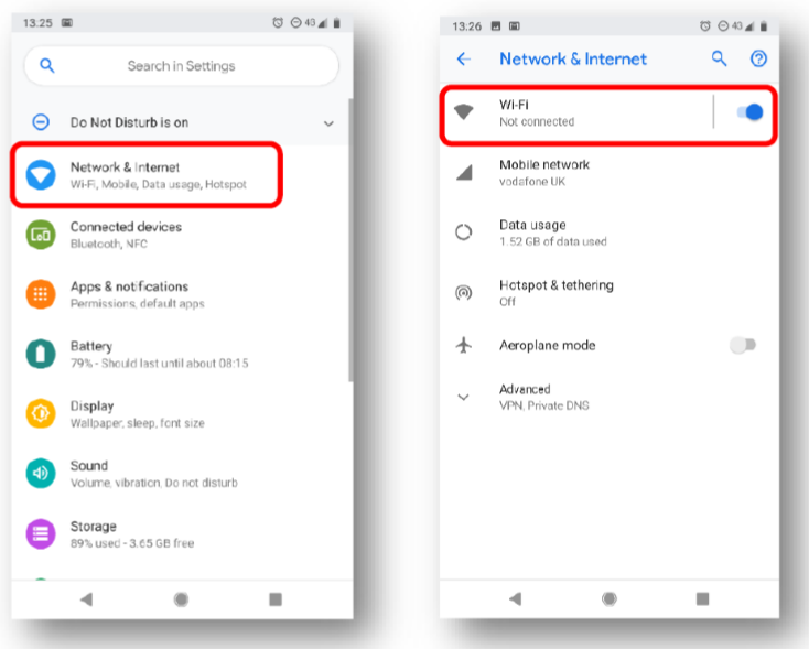 Connecting to Wi-Fi on an Android screenshot