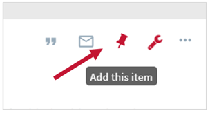 Image of red pin item in LibrarySearch, which allows you to add an item to save articles