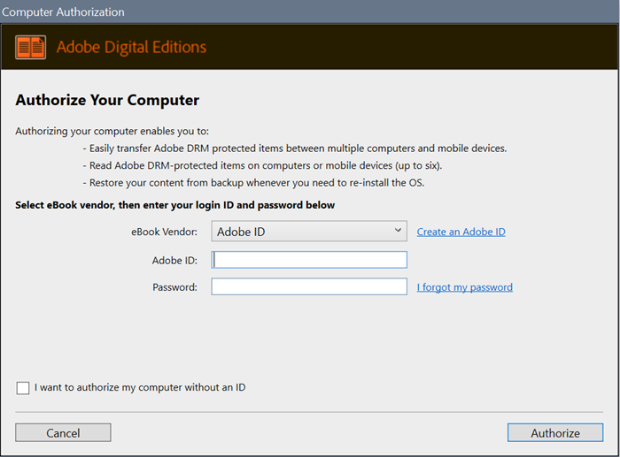 Screenshot of Digital Editions showing the Authorize Your Computer box