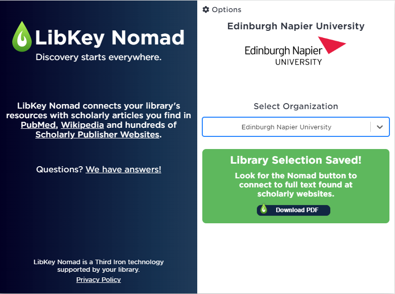 Image of choosing Edinburgh Napier University on LibKey Nomad screen