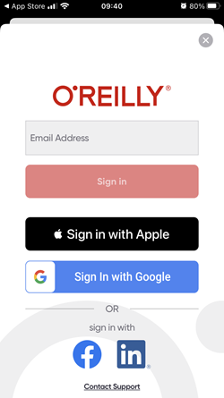 Phone screenshot of O'Reilly app sign in screen