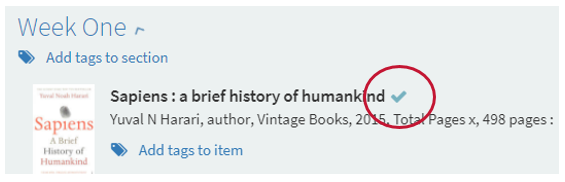 Leganto Reading Lists - Showing book entry with green tick and a red circle around it
