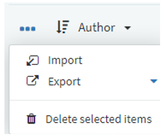 Leganto Reading Lists - Showing drop-down with Import and Export options