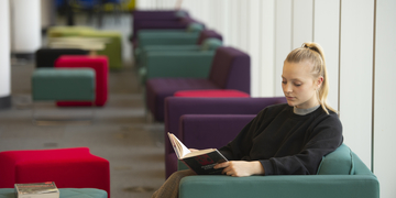 Student reading in The Horizon Suite of the library