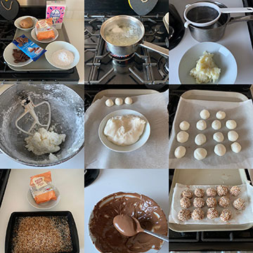 Collage of 9 pictures showing how macaroon balls are made