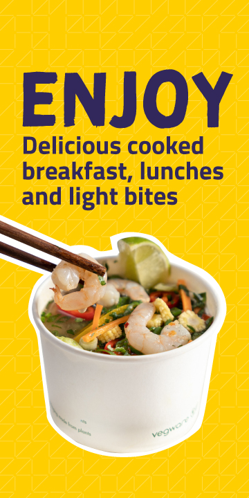Prawn noodle pot on yellow background with the text: "Enjoy delicious cooked breakfast, lunches and light bites"