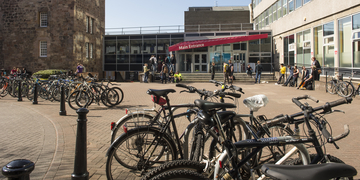 Merchiston campus courtyard with bikes against bike racks