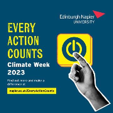 Image with a hand clicking a power button and text that reads 'Every Action Counts - Climate Week 2023'