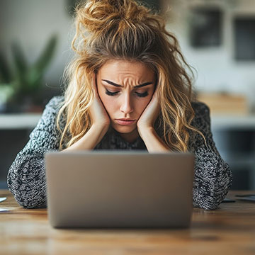 Student sitting in front of a laptop with her head in her hands, looking stressed