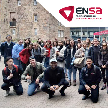 Group of students in front of Merchiston campus with ENSA logo in corner