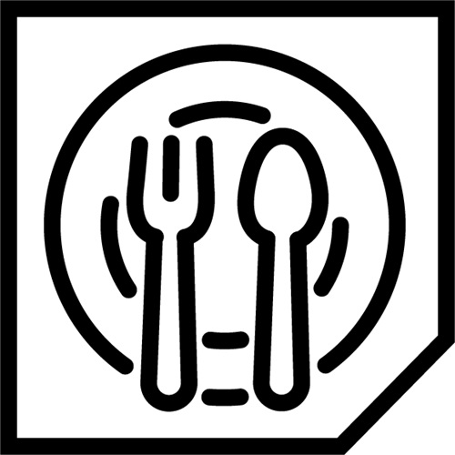 A circular plate with a fork and spoon