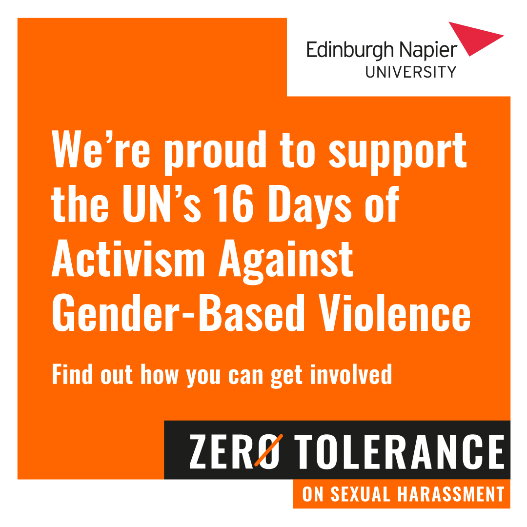 Orange square with the text: We're proud to support the UN's 16 Days of Activism Against Gender-Based Violence