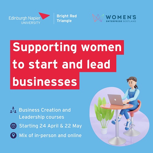 Bright Red Triangle graphic promoting courses for women, with illustration of a woman sitting with a laptop