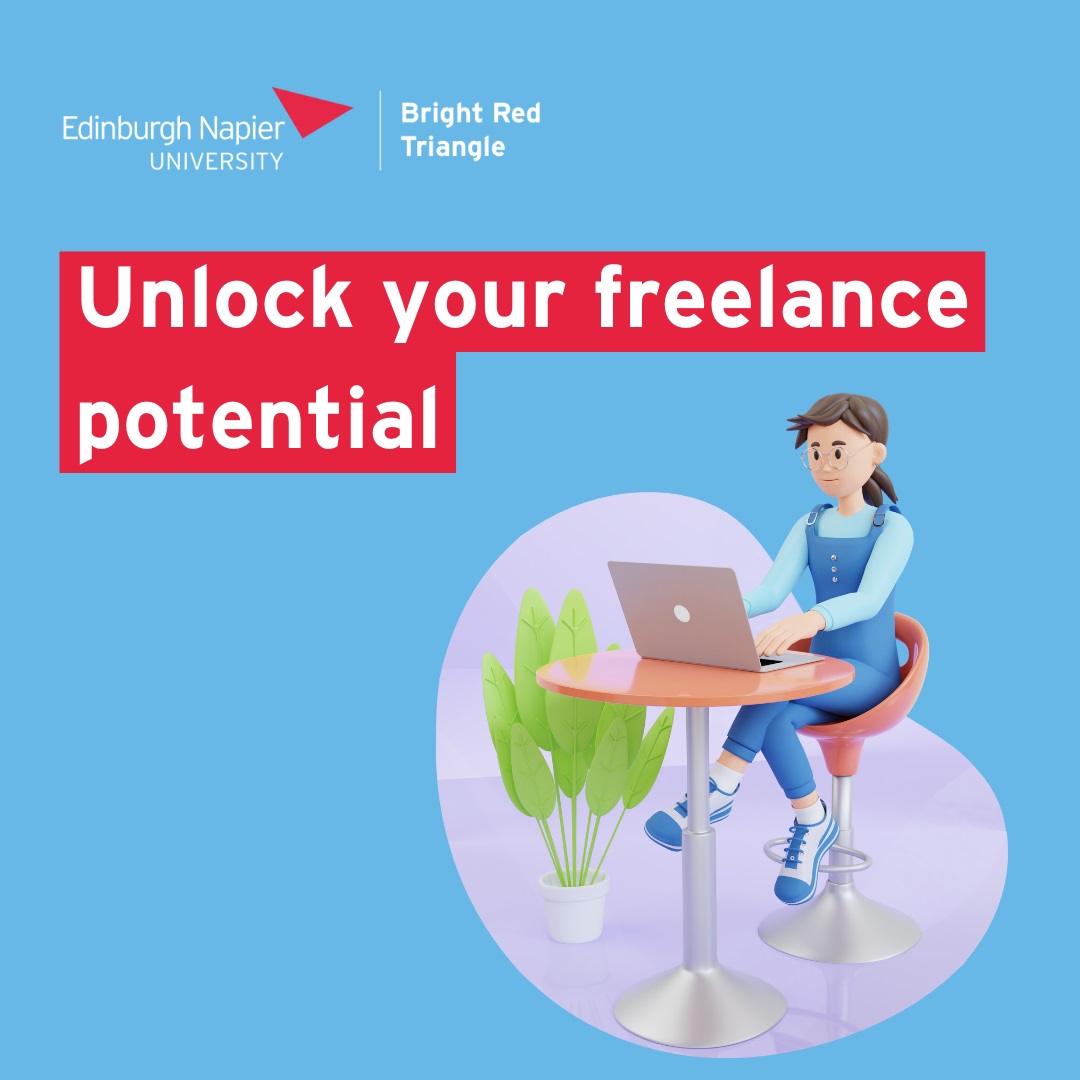 Blue graphic with illustration of student typing at laptop, with the text "unlock your freelance potential"