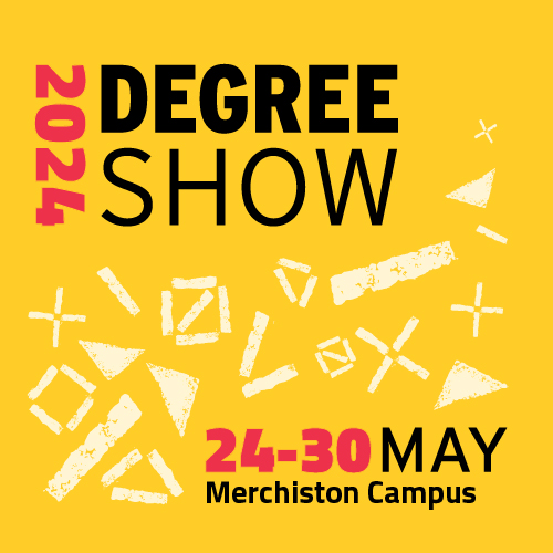 Yellow illustration promoting the Edinburgh Napier Degree Show from 24-30 May