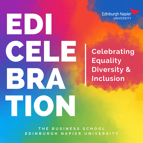 Colourful cloud shapes with the text 'Celebrating Equality, Diversity and Inclusion'