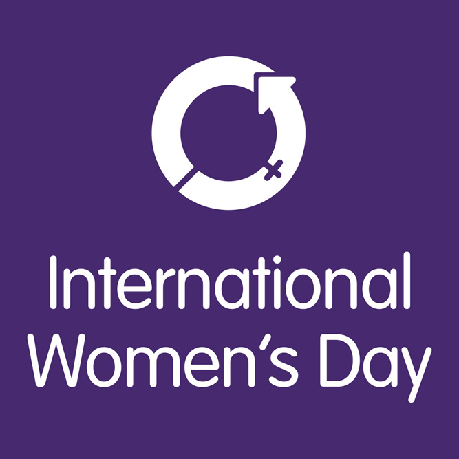 Purple and white circle logo for International Women's Day on 8 March