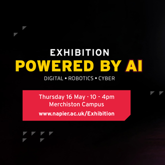 Powered by AI event graphic, Thursday 16 May 10am-4pm, Merchiston campus
